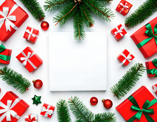 Christmas flat lay with red gift boxes, fir branches, ornaments, and a blank white space in the center for text 