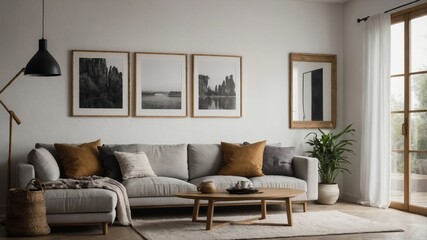 Modern boho living room with picture frames