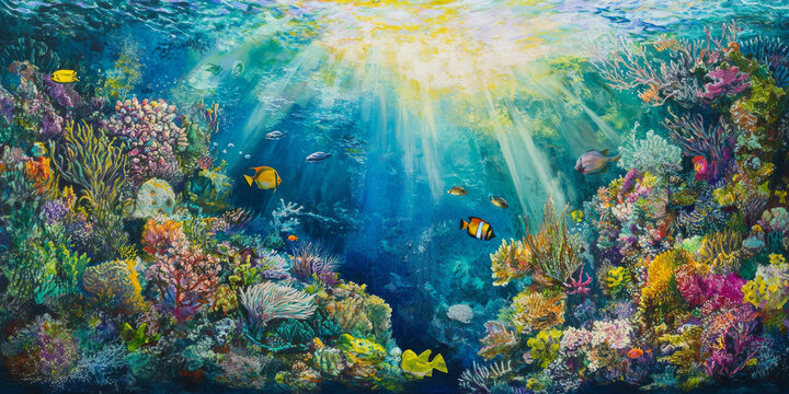 A vibrant underwater reef teeming with colorful coral, tropical fish, and sunlight streaming through the water's surface. The lively and biodiverse scene captures marine beauty.