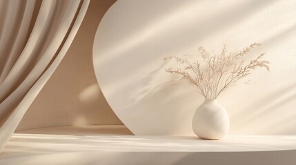 Minimalist beige vase and dried flowers in natural light