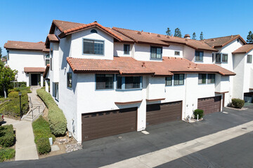 Aerial view of residential subdivision condominium house neighborhood in Mission Mesa. South California, USA