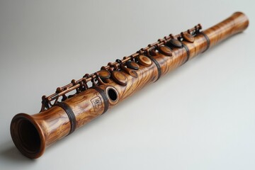 Naklejka premium A handcrafted wooden flute with intricate detailing, resting on a neutral background.