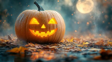 Illuminated Jack O Lantern Amidst Autumn Leaves