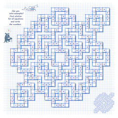 Mathematical crossword. Can you solve examples? Find solution for all equations and write numbers. Brain teaser book. Logic puzzle on addition, multiplication, division and subtraction. Vector image.