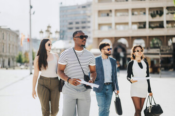 Group of business professionals confidently walking outdoors in an urban setting, carrying work documents and bags. They exude a sense of teamwork and purpose, embodying modern city life and