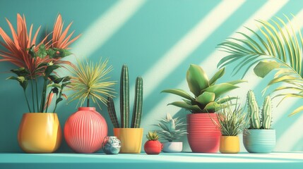 Colorful potted plants against a vibrant teal background