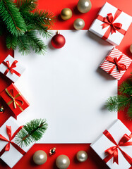 Red background with white gifts, green fir branches, and golden ornaments.