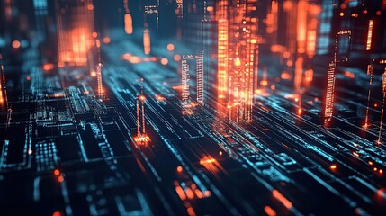 Obraz premium Abstract Digital Cityscape Glowing Orange And Blue