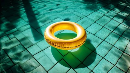 Bright yellow pool float rests on shimmering water tiles in a sunlit swimming area during a warm summer day