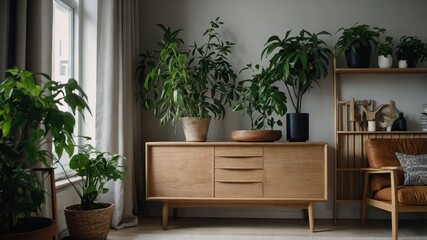Fototapeta premium Scandinavian style interior featuring wooden cabinet and plants
