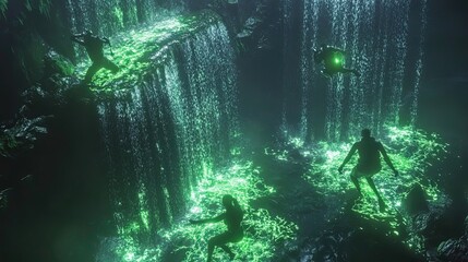 Figures Leap and Pose Near Glowing Green Waterfall
