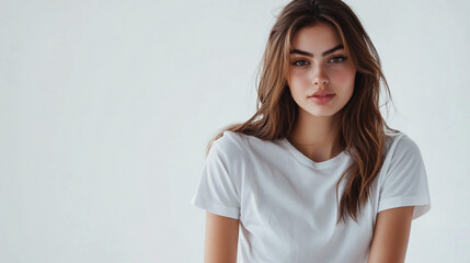 Fototapeta premium women wearing white t-shirt and looking at the camera.ai generative