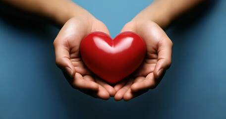 赤いハートを抱える手と青い背景が象徴する愛と優しさ