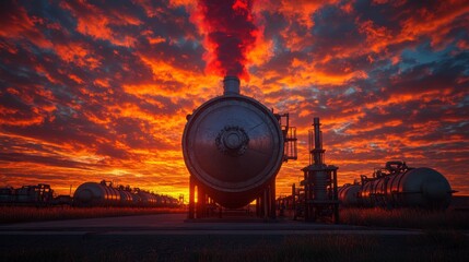 A smokestack emitting greenhouse gases into a sky filled with red and orange hues symbolizes human industrial activity exacerbating global warming.