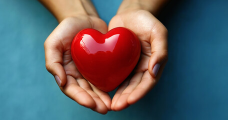 Fototapeta premium 赤いハートを抱える手と青い背景が象徴する愛と優しさ