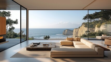 Fototapeta premium Modern living room with panoramic ocean view. Sleek contemporary furniture, minimalist decor create luxurious ambiance. Large windows offer stunning coastal views of ocean, cliffs. Luxury