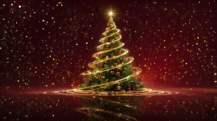 Winter Celebration Glimmer: Artistic Christmas Tree with Golden Glow on Deep Red Holiday Background