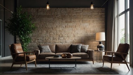 Stylish interior featuring stone wall and cozy decor