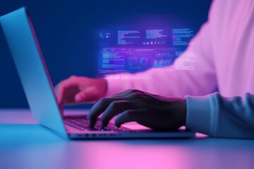 Young caucasian male analyzing data on laptop with futuristic digital interface