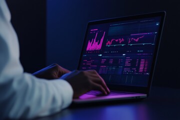 Fototapeta premium Caucasian male analyzing financial data on laptop with bright charts