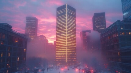 Obraz premium A towering skyscraper with a golden exterior showcases corporate success and the material rewards of financial growth.