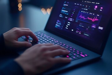 Male hands typing on laptop displaying music editing software at night