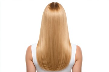 Blonde caucasian female with long straight hair, back view