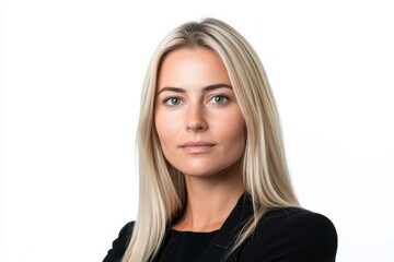 Naklejka premium Confident young caucasian woman with blonde hair in black attire on white background