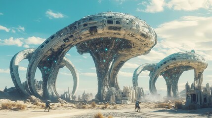 Fototapeta premium Futuristic Desert City with Giant Mushroom Structures