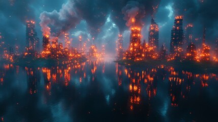 Fototapeta premium Smokestacks emitting dense smoke over a lush green landscape illustrate the clash between industrial progress and environmental conservation.