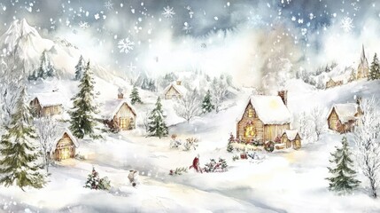 A snowy village scene with cozy homes, trees, and festive decorations.