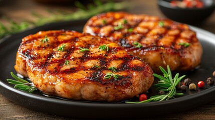 Grilled pork chops garnished with herbs on a black plate, showcasing a delicious meal.