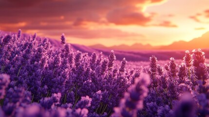 Fototapeta premium Purple lavender field at sunset with hills in the background.