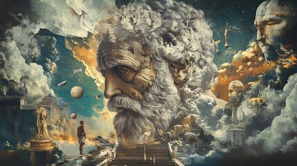 A man stands on a staircase leading up to a giant stone head in the clouds.