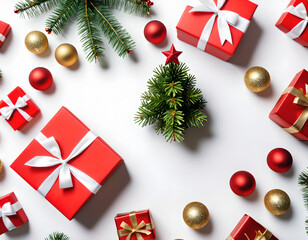 A red gift box with a tiny Christmas tree on top, surrounded by ornaments and pine branches.