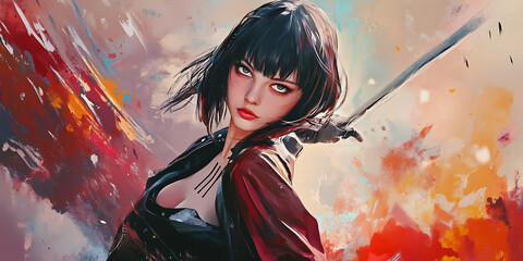 Warrior Woman: A captivating illustration featuring a woman warrior, her gaze intense and determined, wielding a sword with a confident air. Her striking black hair, vibrant green eyes.