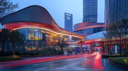 Fototapeta premium Modern architectural structure illuminated at dusk, showcasing urban design and vibrant atmosphere.