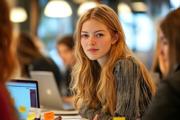 Young woman looking at camera in modern collaborative workspace surrounded by students busy at work motivation concept