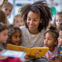 Teacher reading book to attentive diverse children in classroom setting, educational interaction, vibrant learning moment concept