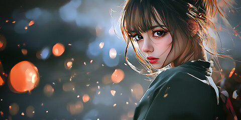 Mysterious Gaze: A captivating portrait of a young woman with captivating eyes and alluring red lipstick, bathed in ethereal light and surrounded by bokeh circles.