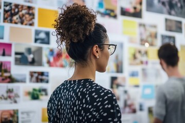 Creative professional reviews inspiration mood board in modern office setting, analyzing diverse visual content arrangement, creative process concept