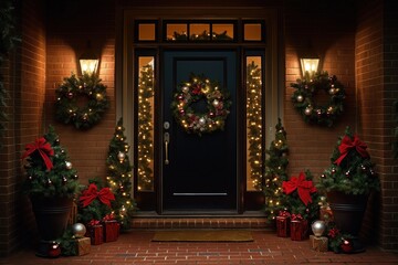 Christmas decorated house entrance at night. Small Christmas trees, wreaths adorn porch. Holiday lights decorate doorway, windows. Presents placed around small trees. Dark door with warm light