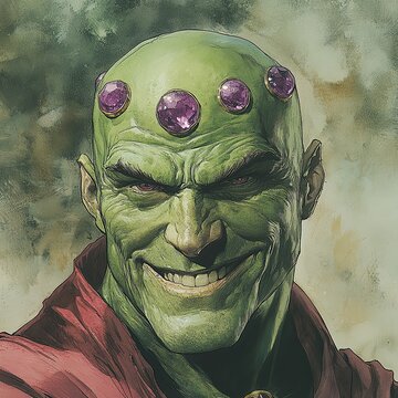 A close-up portrait of a green-skinned man with a sinister smile and four purple gems on his forehead.