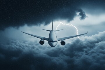 Airplane soaring through stormy skies with lightning in background