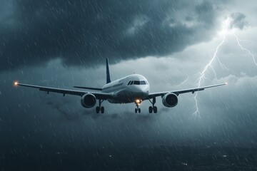 Airplane flying at night during intense storm with lightning strikes in the background