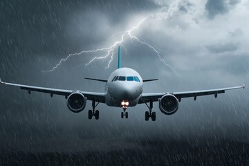 Airplane flying through thunderstorm with lightning and rain