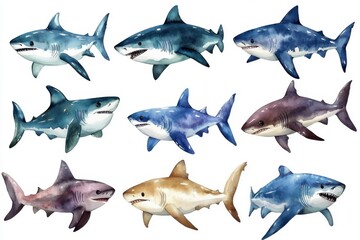 Fototapeta premium A collection of illustrated sharks in various colors and styles.