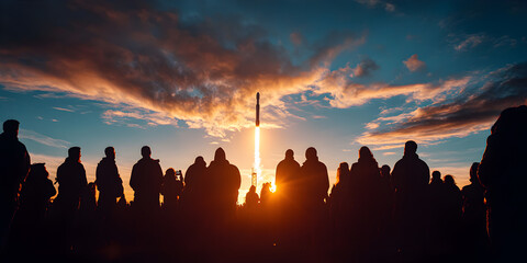Spectators from far away watch a rocket launch into space at sunset. The concept of launching a rocket.