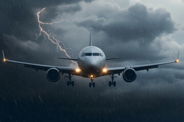 Airplane flying through stormy weather with lightning strike