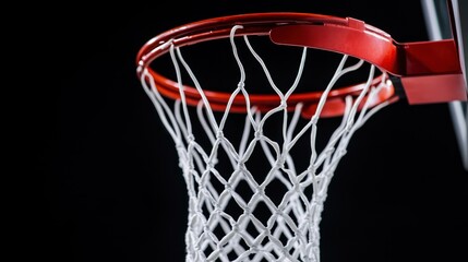 A basketball hoop with a white net, red rim and black background
